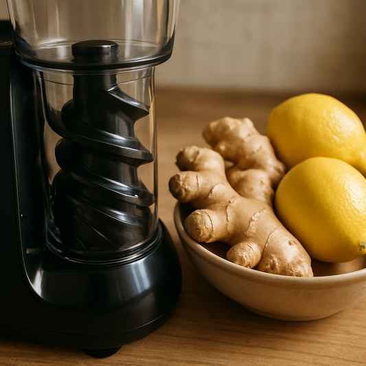 an image of a juicer next to ginger and lemon to do a juice cleanse at home