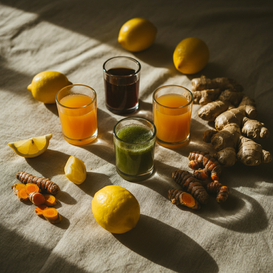 4 small glasses filled with wellness shots surrounded by wellness shot recipe ingredients